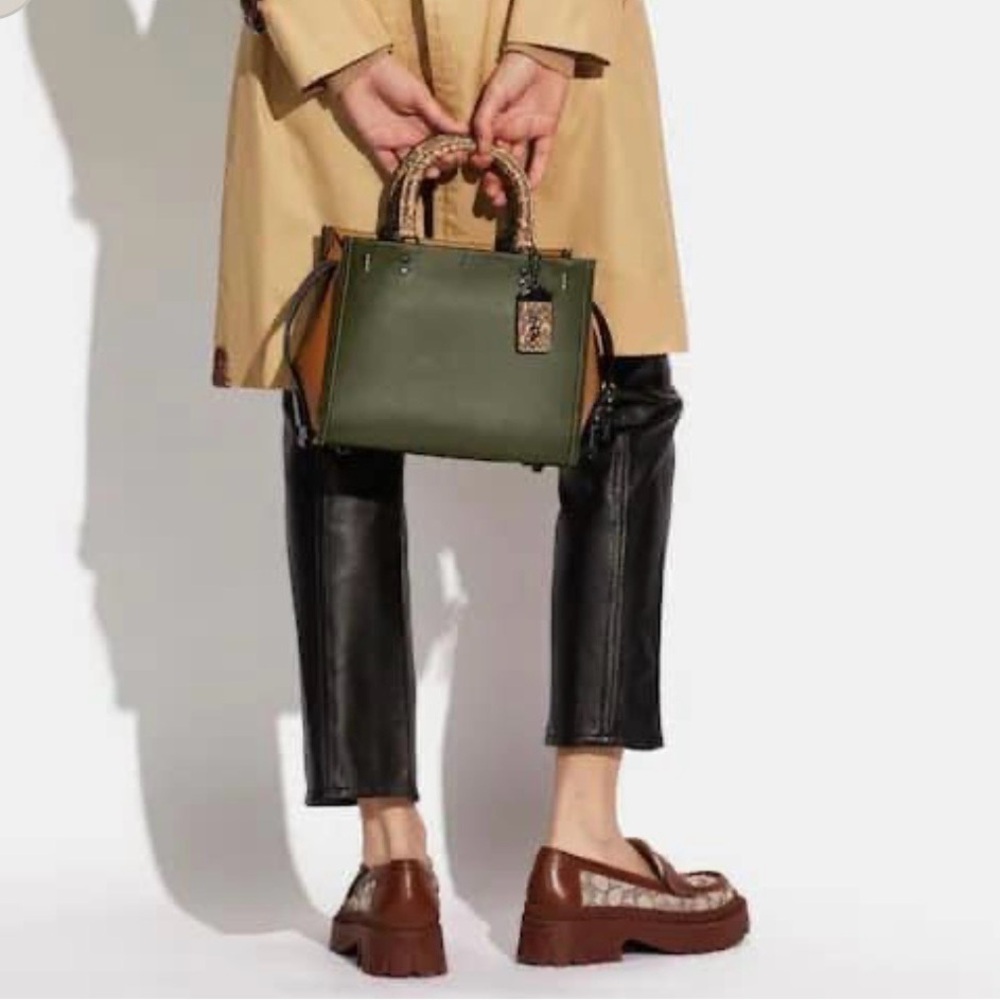 Coach Rogue 25 Army Green Smooth  Leather Satchel with Snakeskin Handles - Picture 9 of 10